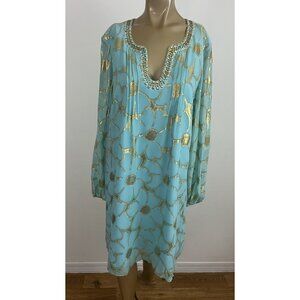 Lilly Pulitzer Women's 12 Colby Dress Breakwater Blue Gold Floral Clip Chiffon